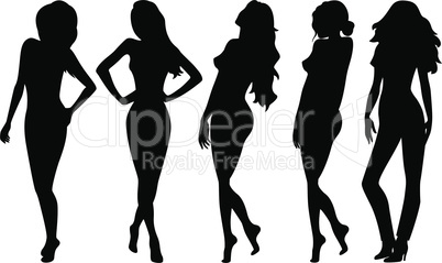 Set of five female silhouettes over white