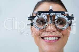 Female patient wearing messbrille during eye examination
