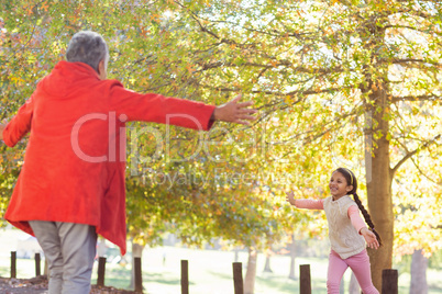 Granddaughter running towards grandmother at park