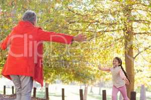 Granddaughter running towards grandmother at park
