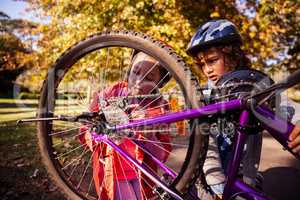 Concentrated siblings repairing mountain bike