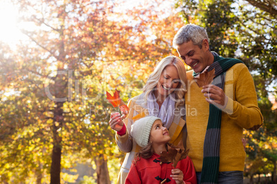 Happy family holding leaves against trees