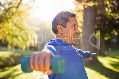 Man exercising with dumbbell on sunny day