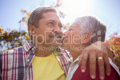 An elderly woman kissing his husband