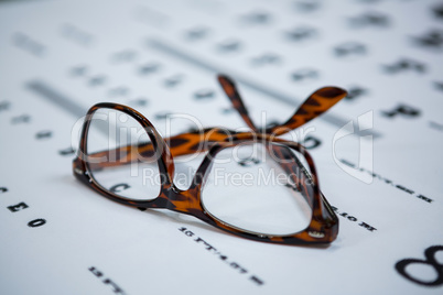 Close-up of spectacles on eye chart