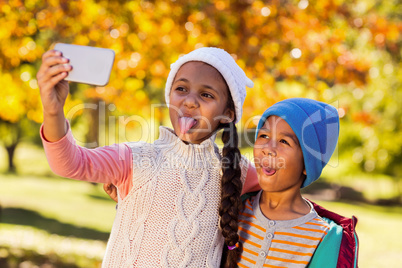 Playful siblings taking selfie at park