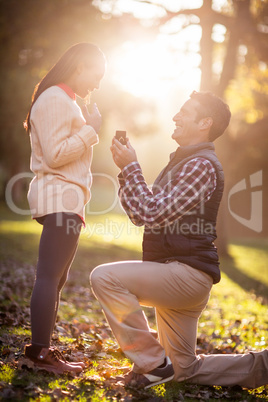 Man proposing woman at park