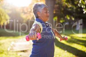 Mature woman exercising with dumbbell