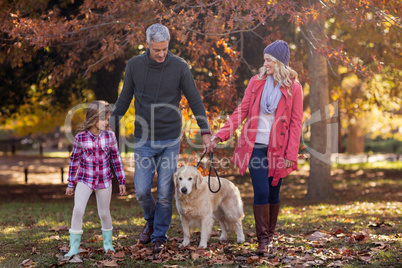 Family walking with dog at park