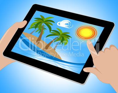 Tropical Island Tablet Shows Exotic Beach 3d Illustration