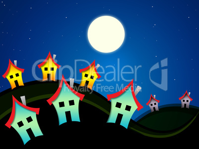 Houses At Nighttime Indicates Dark Evening Properties
