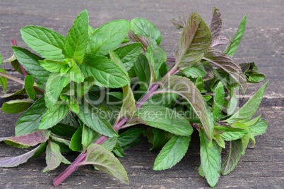 Mentha piperita leaves on wooden background