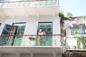 loving couple on a balcony.