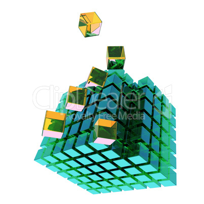 Apart flying glass cube, 3D Illustration