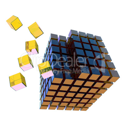 Apart flying glass cube, 3D Illustration