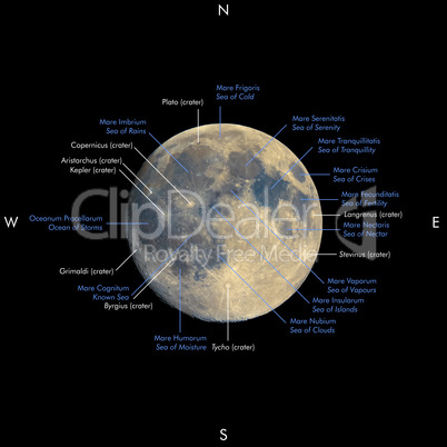Full moon map, enhanced colours, names in Latin and English