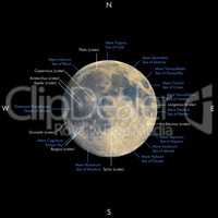 Full moon map, enhanced colours, names in Latin and English