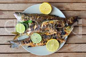 Grilled seabass and salema on a table