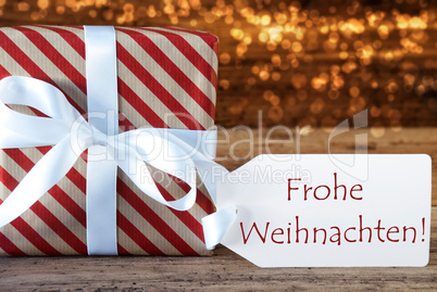 Atmospheric Gift With Label, Frohe Weihnachten Means Merry Chris