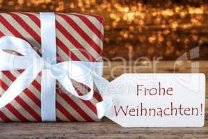 Atmospheric Gift With Label, Frohe Weihnachten Means Merry Chris