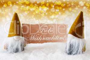 Golden Gnomes With Card, Frohe Weihnachten Means Merry Christmas