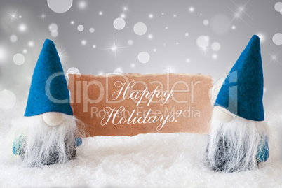 Blue Gnomes With Card, Text Happy Holidays