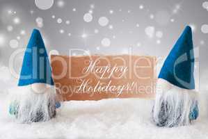 Blue Gnomes With Card, Text Happy Holidays