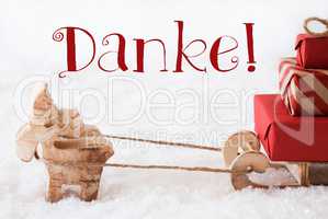 Reindeer With Sled On Snow, Danke Means Thank You