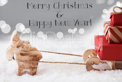 Reindeer With Sled, Silver Background, Merry Christmas, Happy New Year