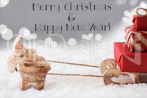 Reindeer With Sled, Silver Background, Merry Christmas, Happy New Year
