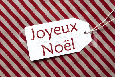 Label On Red Wrapping Paper, Joyeux Noel Means Merry Christmas