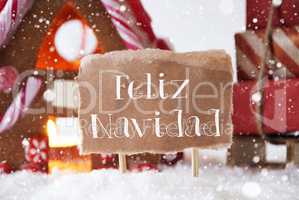 Gingerbread House With Sled, Snowflakes, Feliz Navidad Means Merry Christmas