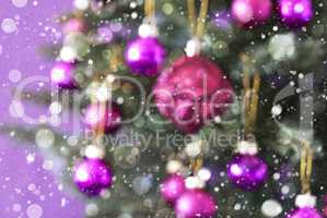 Blurry Christmas Tree With Rose Quartz Balls, Bokeh And Snowflakes