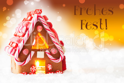 Gingerbread House, Golden Background, Frohes Fest Means Merry Christmas