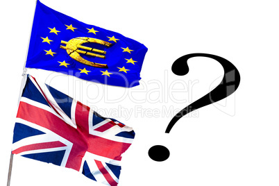 UK Flagge und EU-Flagge mit Fragezeichen
