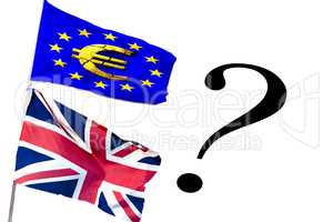 UK Flagge und EU-Flagge mit Fragezeichen