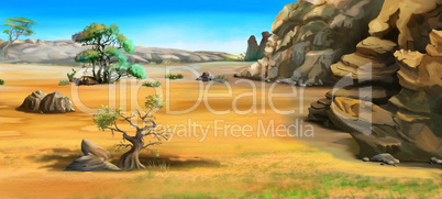 African Landscape with Trees Near the Mountains in a Summer Day