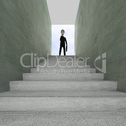 Man stands on top of staircase