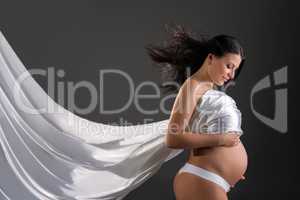 Sensual pregnant woman poses with fluttering cloth