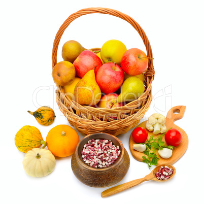 fruits in a basket isolated on white background