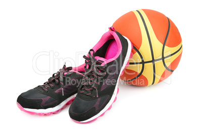 sports sneakers and basketball isolated on white background