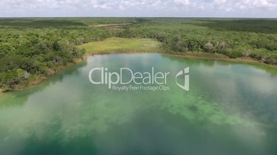 flying drone shot over a sea surface and forest in mexico