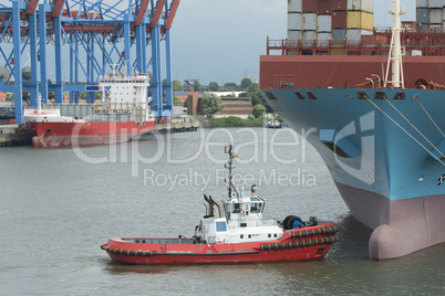 Containerschiff an einem Containerterminal an der Elbe in Hambur