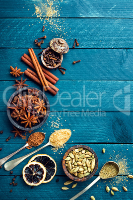 culinary background with various spices for Christmas mulled wine