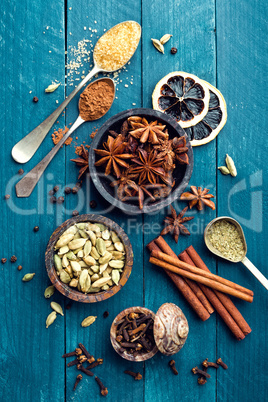 culinary background with various spices for Christmas mulled wine