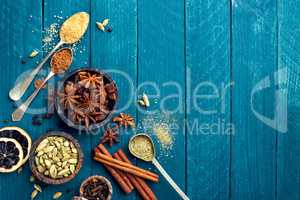 culinary background with various spices for Christmas mulled wine