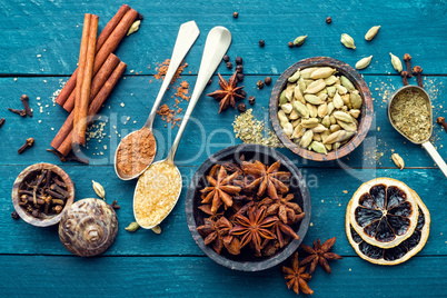 culinary background with various spices for Christmas mulled wine