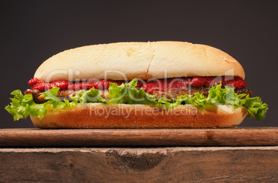 Burger on a rustic wooden table