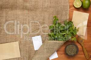 Burlap with a beam of fresh mint