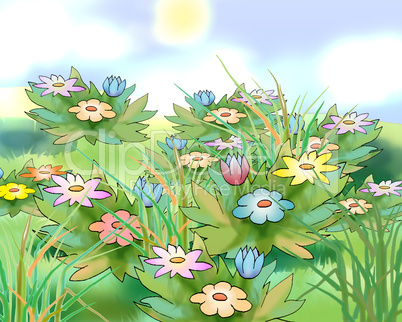 Flowers in a Meadow Under a Bright Sun